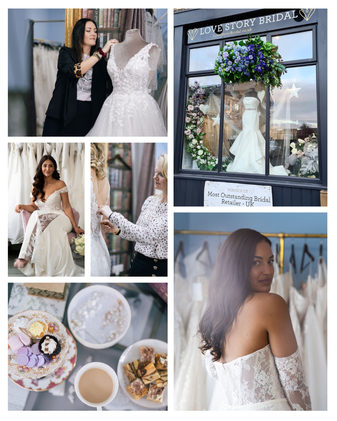Brides trying on lace wedding gowns during appointment at Love Story Bridal Preston